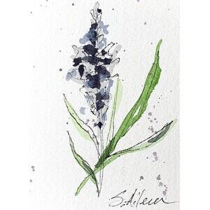 ACEO Painting Watercolor Ink Lavender Flower Purple Botanical Minimal III Signed